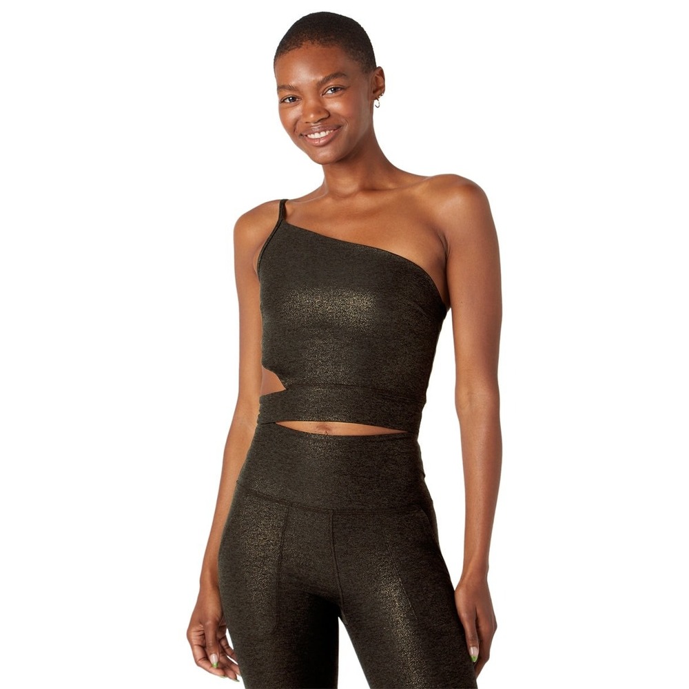 Beyond Yoga Softshine Wanderlust Cropped Tank Black Gold One Shoulder SZ4629 XS